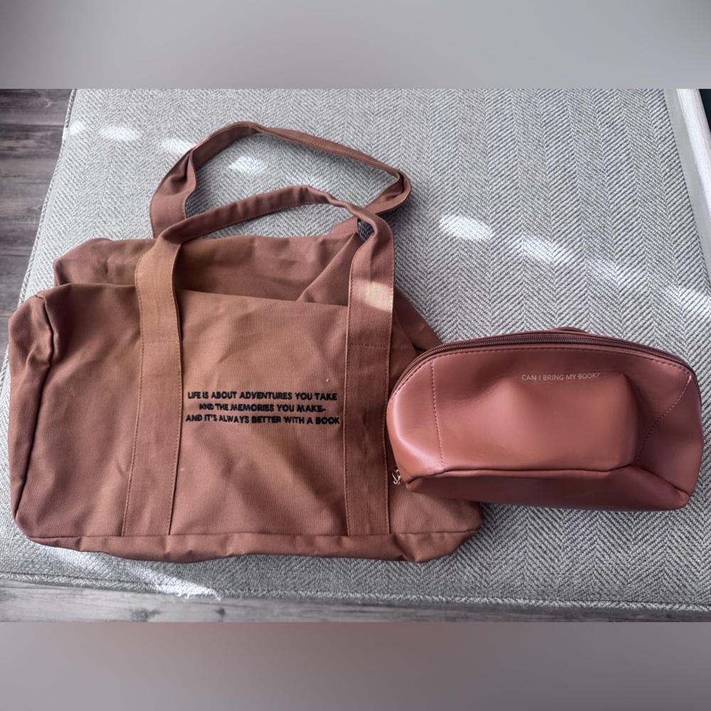 Book themed Canvas Tote Bag with Matching Vegan Leather Makeup Case